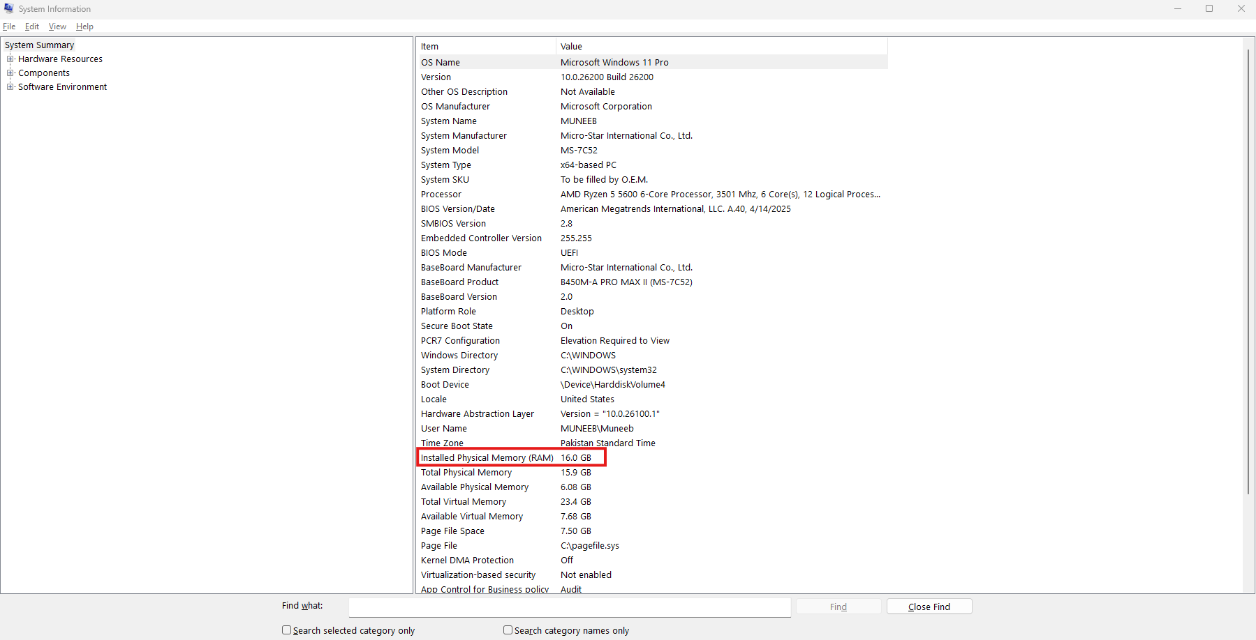 Checking RAM in Windows System Information