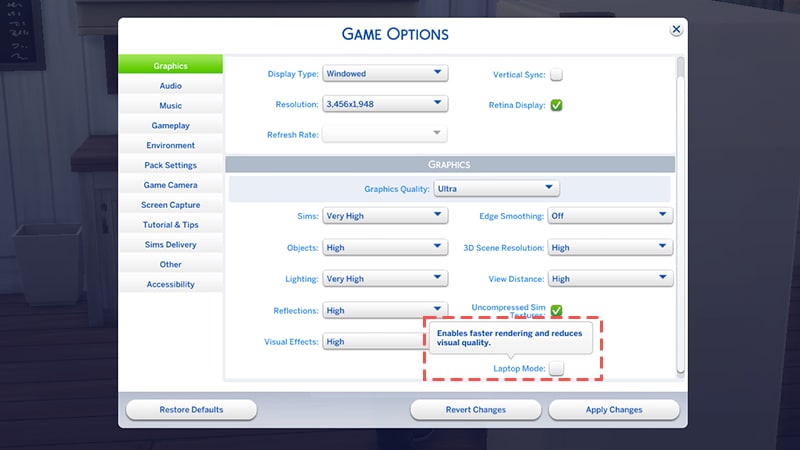 The Sims 4 Laptop Mode setting in Game Options