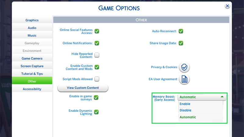 The Sims 4 Memory Boost setting in Game Options under Other tab